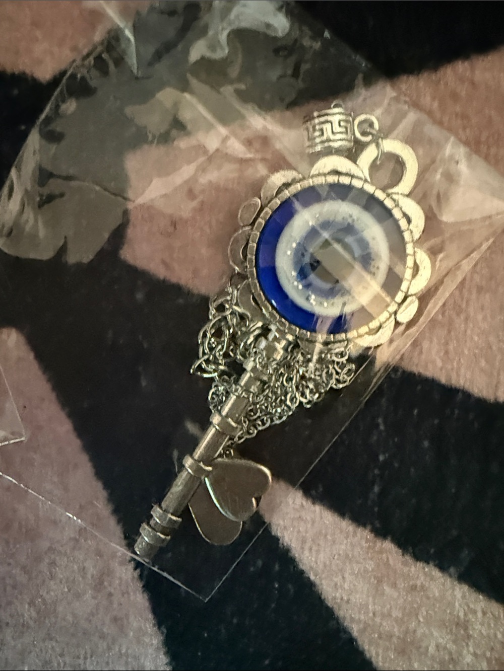 Blue Evil Eye Key Pendant Necklace - Silver Tone